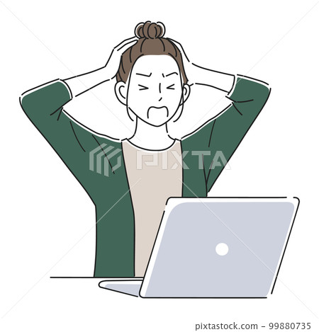 一個女人在筆記本電腦前抱頭的插圖素材 99880735