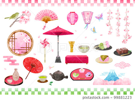 手繪水彩春茶會賞櫻插畫套裝 99881223