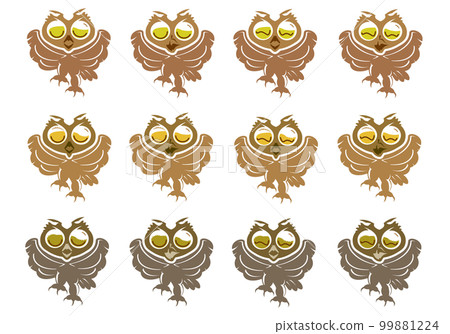 A collection of character icon illustrations with 12 different funny facial expressions of an horned owl flapping its wings. 99881224