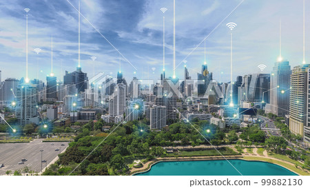 City scape with connecting dots for networking and communication in twilight. City scape with connecting dots for networking and communication in twilight. 99882130