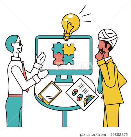 A male business person and an Indian man having business talks in front of a monitor A male business person and an Indian man having business talks in front of a monitor 99882875