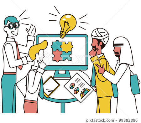 男性商人與印度、阿拉伯、西方男性進行商務談判 99882886