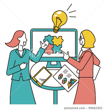 A female business person and a Western woman having business talks in front of a monitor A female business person and a Western woman having business talks in front of a monitor 99882891