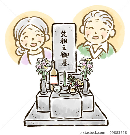 Hand-drawn illustration of a Buddhist-style grave and smiling ancestors Hand-drawn illustration of a Buddhist-style grave and smiling ancestors 99883838