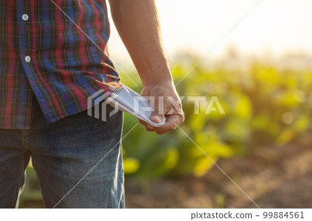 Empty budget, Lose profit, Fail, or unsuccessful in business concept. Asian farmer is standing in the field of tobacco tree and show trouser pocket. Empty budget, Lose profit, Fail, or unsuccessful in business concept. Asian farmer is standing in the field of tobacco tree and show trouser pocket. 99884561
