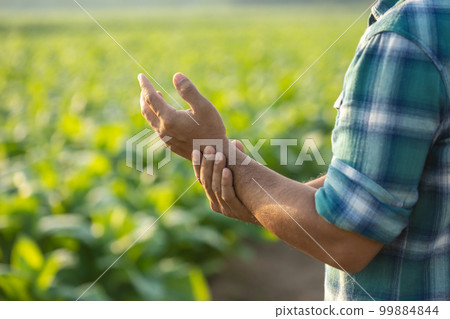 Injuries or Illnesses that can happen to farmers while working. Man is using his hand to cover over wrist because of hurt, pain or feeling ill. Injuries or Illnesses that can happen to farmers while working. Man is using his hand to cover over wrist because of hurt, pain or feeling ill. 99884844