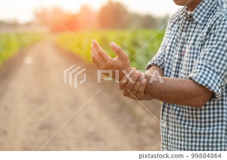 Injuries or Illnesses that can happen to farmers while working. Man is using his hand to cover over wrist because of hurt,  pain or feeling ill. 99884864