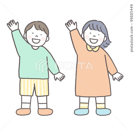 Boy and girl raising hands Boy and girl raising hands 99885449