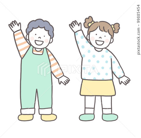 boy and girl raising hands boy and girl raising hands 99885454