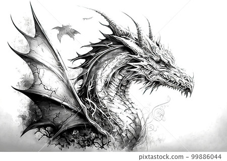abstract black and white drawing of a dragon's head and wing, side view abstract black and white drawing of a dragon's head and wing, side view 99886044
