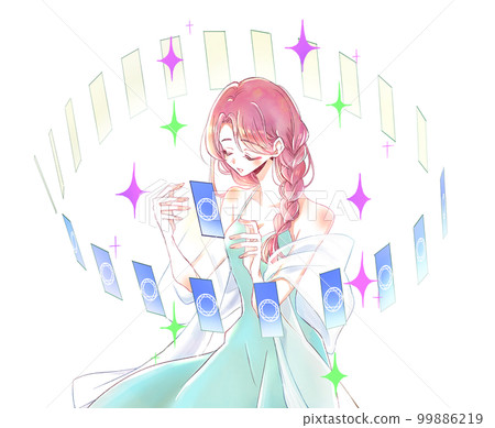Female fortune teller Tarot card spreading sparkling 99886219