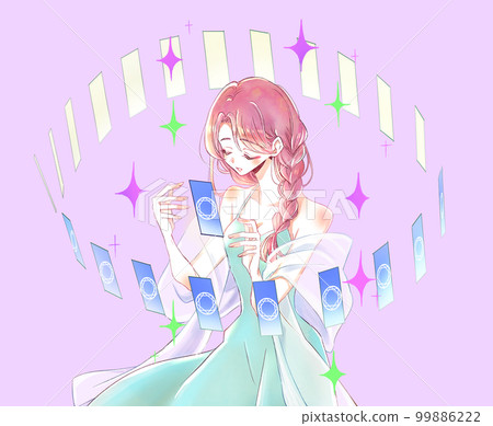 Female fortune teller Tarot card spreading sparkling 99886222