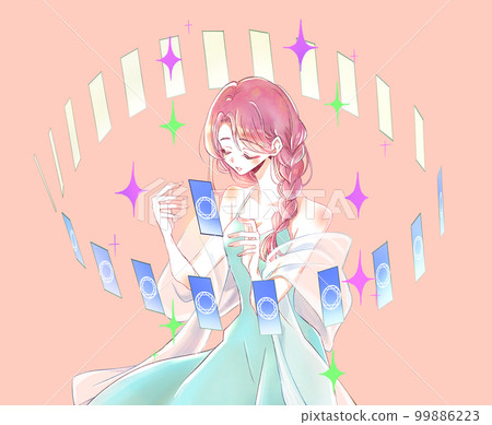 Female fortune teller Tarot card spreading sparkling 99886223