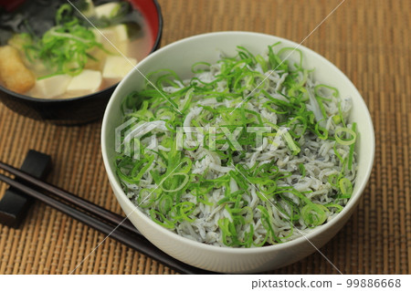 Green onion shirasu bowl and miso soup Green onion shirasu bowl and miso soup 99886668