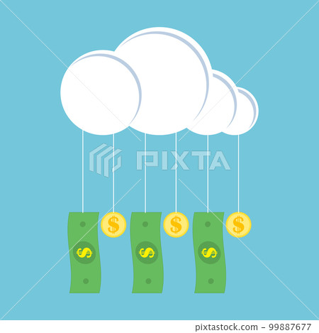 Gold coins and paper green dollars hang on a cloud. Vector illustration. Gold coins and paper green dollars hang on a cloud. Vector illustration. 99887677