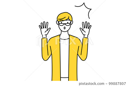 Casually dressed young man raising his hand in surprise Casually dressed young man raising his hand in surprise 99887807