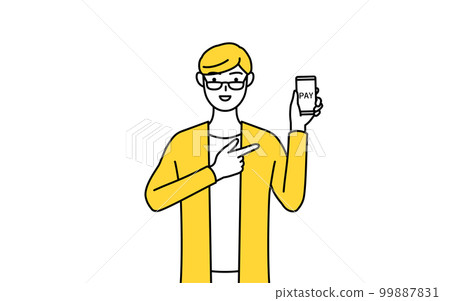 A young man in casual clothes who recommends cashless and online payment with a smartphone 99887831