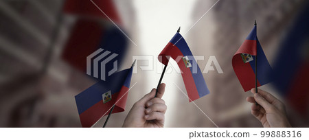 A group of people holding small flags of the Haiti in their hands A group of people holding small flags of the Haiti in their hands 99888316