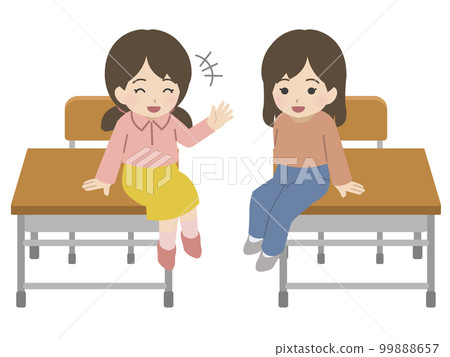 A girl sitting on a desk instead of a chair 99888657