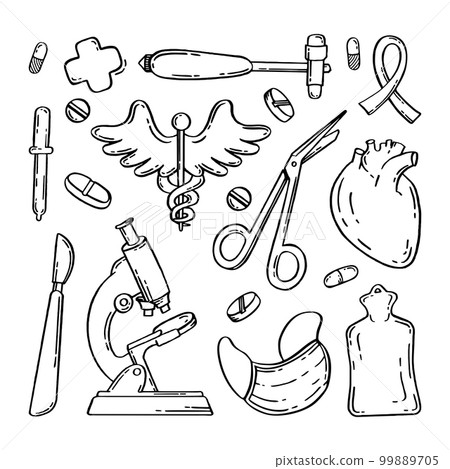 Medical pharmaceutical hospital device set of drawings. Vector illustration of medical equipment, hand drawn 99889705