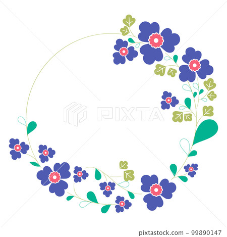 Set a floral border with a wreath of green leaves and blue flowers for a wedding card, a greeting card, or decorative artwork. 99890147