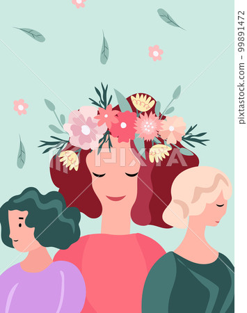 Bright illustration with women, flowers, leaves and a wreath on the head. Spring and summer flowering. The concept of happiness, joy, holiday. Ideal for greeting cards, cards, banners, posters. Vector Bright illustration with women, flowers, leaves and a wreath on the head. Spring and summer flowering. The concept of happiness, joy, holiday. Ideal for greeting cards, cards, banners, posters. Vector 99891472