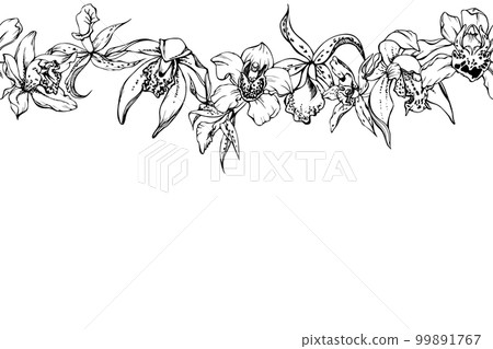 Hand drawn vector ink orchid flowers and branches, monochrome, detailed outline. Horizontal seamless banner. Isolated on white background. Design for wall art, wedding, print, tattoo, cover, card. Hand drawn vector ink orchid flowers and branches, monochrome, detailed outline. Horizontal seamless banner. Isolated on white background. Design for wall art, wedding, print, tattoo, cover, card. 99891767