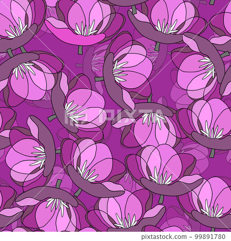 Spring colorful vector illustration with tulips. Cartoon style. Design for fabric, textile, paper. Holiday print for Easter, Birthday, 8 March. Flowers with leaves 99891780