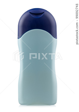 Plastic blue shampoo bottle. Isolated on a white background. Without inscription. 99892748