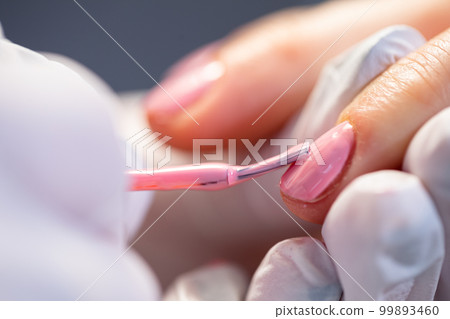 The beautician applies pink hybrid polish to the client's nails. The beautician applies pink hybrid polish to the client's nails. 99893460