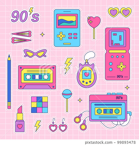 90s stickers pack. Set of trendy retro elements. Bright vector illustration. 99893478