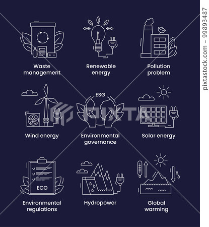 Set icons environmental, ESG concept. Icons with captions. Vector illustration isolated on a dark background Set icons environmental, ESG concept. Icons with captions. Vector illustration isolated on a dark background 99893487