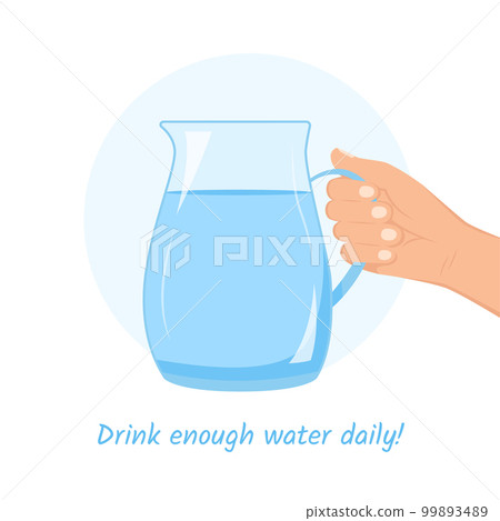 Water balance concept. The hand holds a jug of water. The concept of drinking enough water throughout the day. Vector illustration in a flat style 99893489