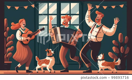 Flat design 20 July background with women or family people and dog dancing to accordion music. 99893716