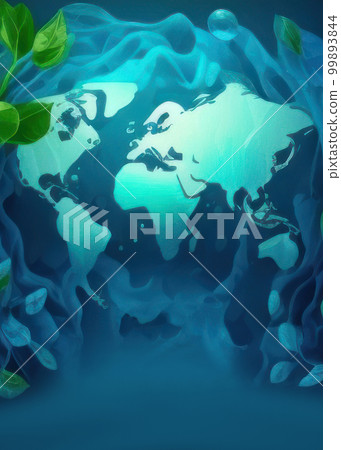 Abstract liquid shapes, leaves and ocean elements Earth Day concept poster with green and blue background. 99893844