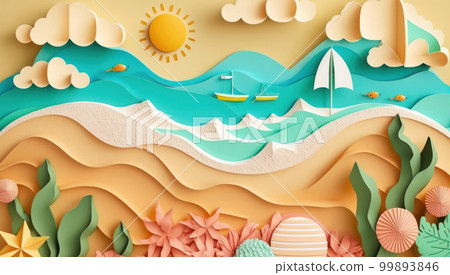 Beach town background in paper craft. 99893846