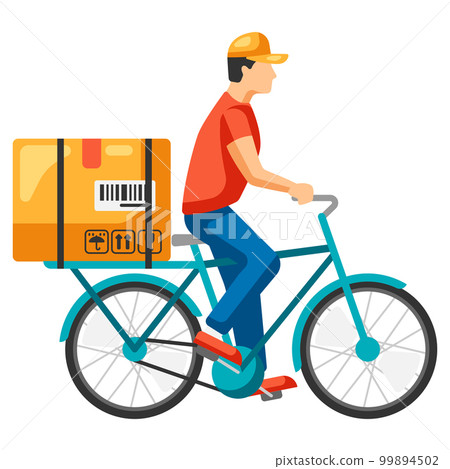 Illustration of courier riding bike. Delivery of goods by order in store. Illustration of courier riding bike. Delivery of goods by order in store. 99894502
