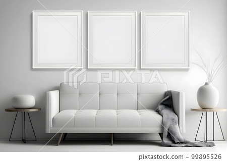 Generative AI. Modern Scandinavian Living Room with Blank Picture Frame Mockup and Three Square 99895526