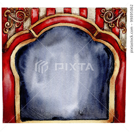 Watercolor hand drawn red circus tent vintage style. Perfect for wedding, invitations, blogs, card templates, birthday and baby cards, patterns, quotes. isolater on white background. 99895862