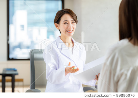 Middle-aged doctor examining a young woman Middle-aged doctor examining a young woman 99896076