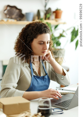 Potter entrepreneur using laptop in workshop, smiling Potter entrepreneur using laptop in workshop, smiling 99896529