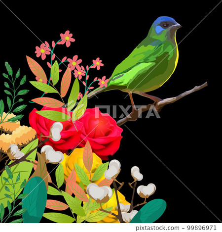 Humming bird, roses, peony with leaves on black background. Watercolor. Seamless background pattern. 99896971