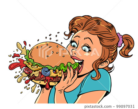 Fast food consumption. The pleasure of a fast food burger. The girl eats with joy an appetizing burger. Fast food consumption. The pleasure of a fast food burger. The girl eats with joy an appetizing burger. 99897031