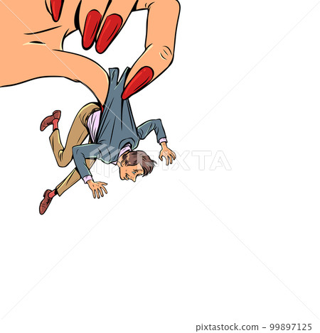 Use of other peoples means and forces. Dominance of one sex over the other. A man in a suit is held by a womans huge hand with a manicure. Use of other peoples means and forces. Dominance of one sex over the other. A man in a suit is held by a womans huge hand with a manicure. 99897125