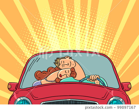 A man and a woman in love are driving together in a car. A married couple overcomes any obstacles together and moves towards a brighter future. 99897167