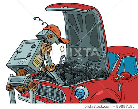 The robot is repairing the car. auto repair shop garage Automated work in a car service. Maintenance for driver safety. 99897193