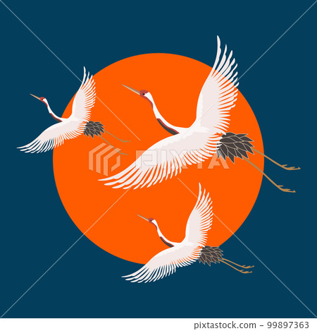 White flying cranes on the sky with the moon. Poster, postcard, vector White flying cranes on the sky with the moon. Poster, postcard, vector 99897363