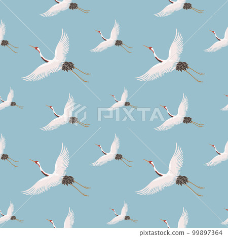 Seamless pattern, white flying cranes on a blue sky background. Background, textile, wallpaper, vector 99897364