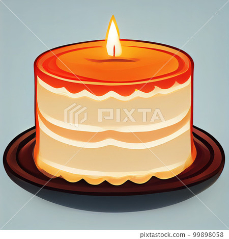Round birthday cake with a candle. Holiday greeting card. Flat illustration. AI-generated Round birthday cake with a candle. Holiday greeting card. Flat illustration. AI-generated 99898058