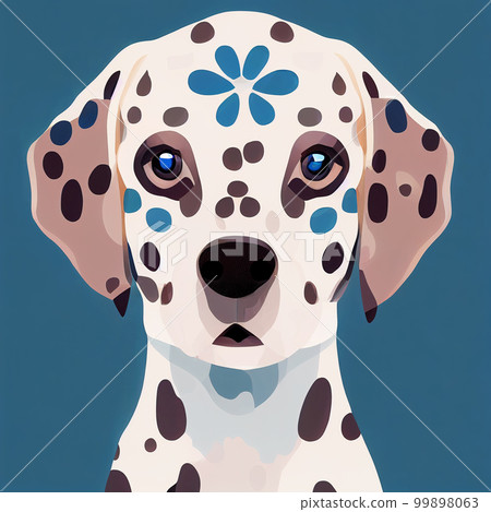 Portrait of a little spotted cute Dalmatian puppy. Flat illustration. AI-generated Portrait of a little spotted cute Dalmatian puppy. Flat illustration. AI-generated 99898063